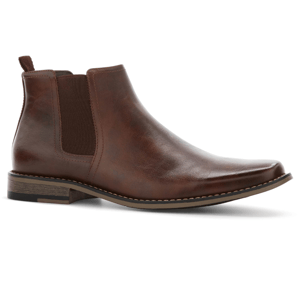 Brown Chelsea boots with smooth leather finish, featuring elastic side panels for easy wear and a slightly raised heel.