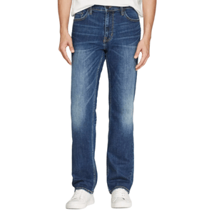 A person is wearing blue straight-leg jeans paired with white sneakers and a white shirt. The jeans feature a slight fade effect on the thighs and knees.