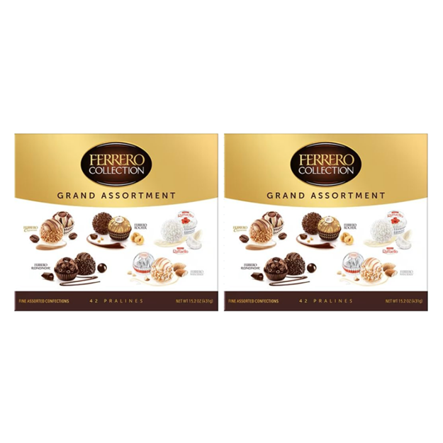 Ferrero Collection Grand Assortment features two 15.9 oz boxes with 42 pralines, including Ferrero Rocher, Raffaello, and Rondnoir chocolates.