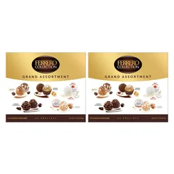Ferrero Collection Grand Assortment features two 15.9 oz boxes with 42 pralines, including Ferrero Rocher, Raffaello, and Rondnoir chocolates.