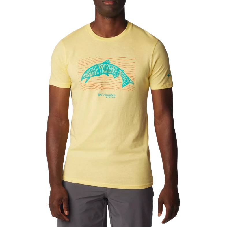 A man wears a light yellow Columbia T-shirt featuring the words \“Conserve Preserve Protect\“ in a wavy design.