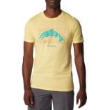 A man wears a light yellow Columbia T-shirt featuring the words \“Conserve Preserve Protect\“ in a wavy design.