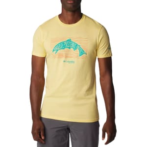 A man wears a light yellow Columbia T-shirt featuring the words \“Conserve Preserve Protect\“ in a wavy design.