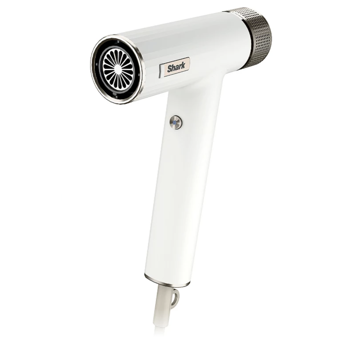 A white Shark hair dryer with a sleek design, featuring a metallic grill and simple control button on the handle.