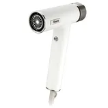 A white Shark hair dryer with a sleek design, featuring a metallic grill and simple control button on the handle.