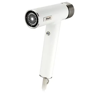 A white Shark hair dryer with a sleek design, featuring a metallic grill and simple control button on the handle.