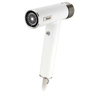 A white Shark hair dryer with a sleek design, featuring a metallic grill and simple control button on the handle.