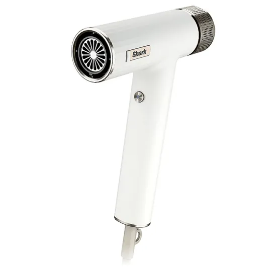 A white Shark hair dryer with a sleek design, featuring a metallic grill and simple control button on the handle.