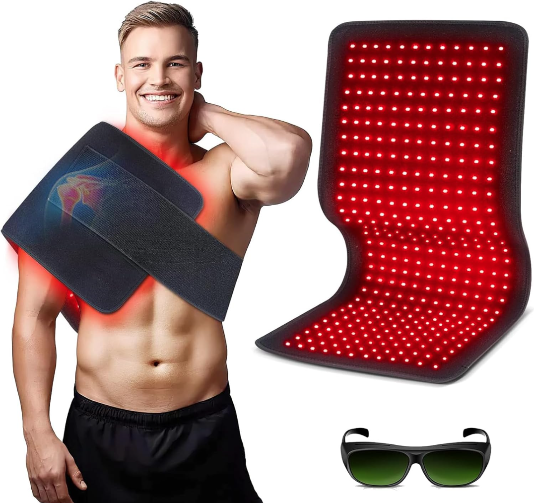 Red light therapy pad for shoulder pain relief with adjustable strap and protective glasses.
