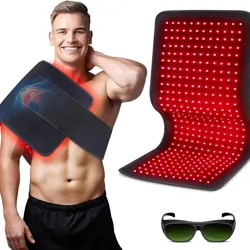 Red light therapy pad for shoulder pain relief with adjustable strap and protective glasses.