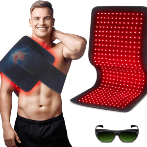 Red light therapy pad for shoulder pain relief with adjustable strap and protective glasses.