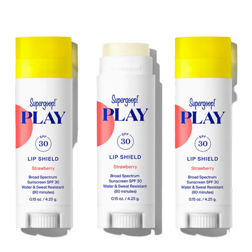 Supergoop! PLAY Lip Shield Strawberry SPF 30, offering broad-spectrum sun protection, water and sweat resistance for 80 minutes, in a stick format.