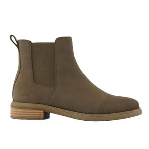 Brown Chelsea boot with elastic side panel, pull-tab at the heel, and stacked wood heel, branded \“TOMS.\“