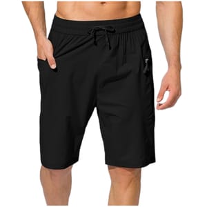 Black quick-dry swim trunks featuring a drawstring waistband, side pockets, and a zippered pocket on the right side.