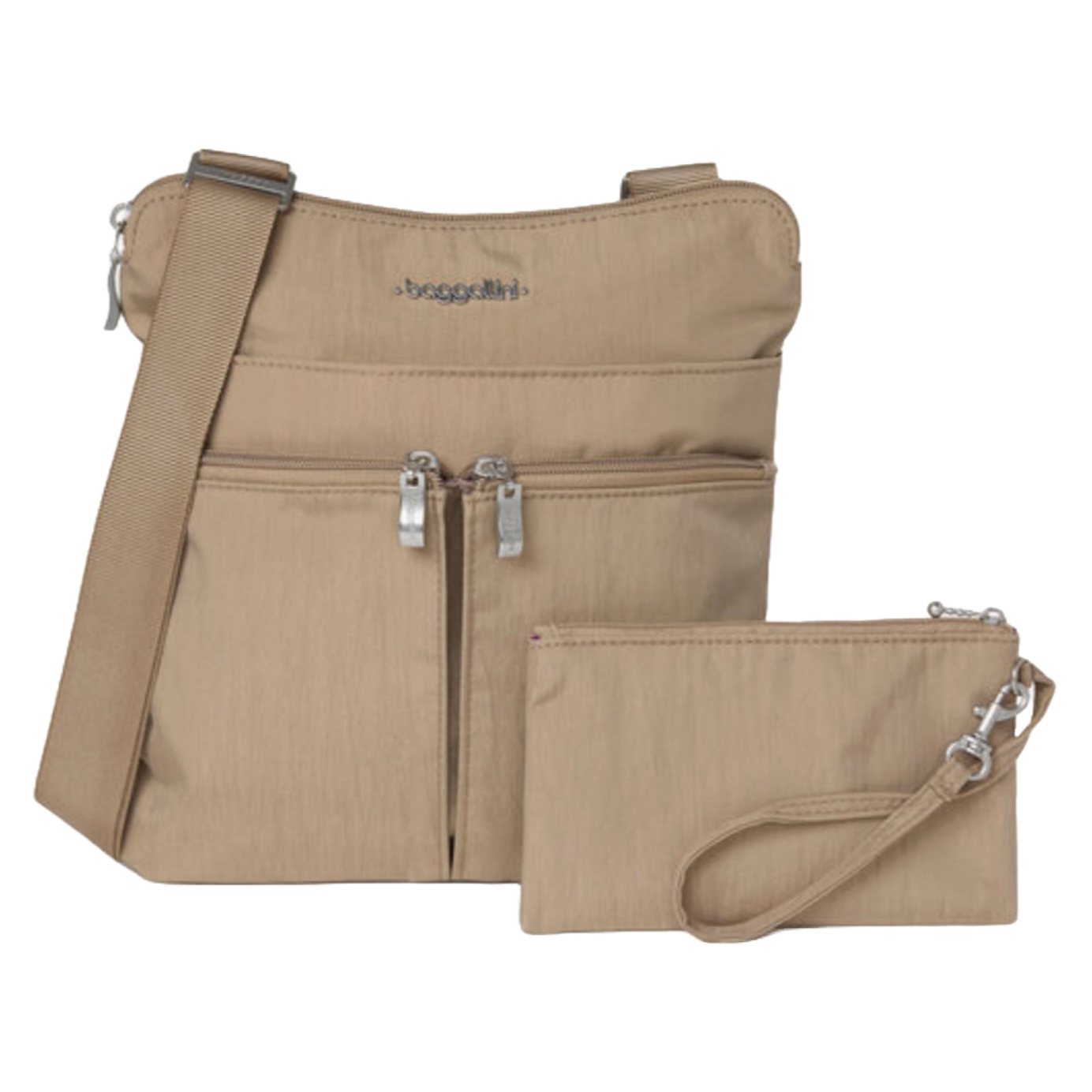 Beige crossbody bag with multiple zippered compartments, accompanied by a matching wristlet pouch.