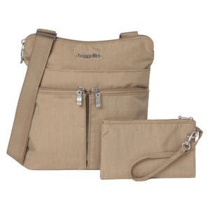 Beige crossbody bag with multiple zippered compartments, accompanied by a matching wristlet pouch.