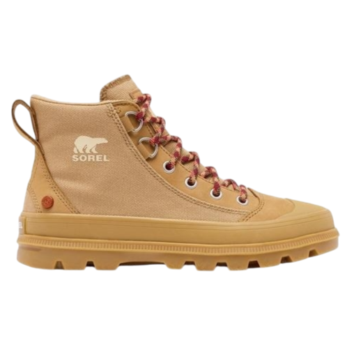 Tan Sorel lace-up boot with a rugged sole, featuring a logo of a polar bear on the heel and red eyelets.
