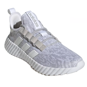 Adidas Kaptir 3.0 Shoes feature a gray camo-patterned upper, white midsole, and signature three stripes on the side. They have a sleek, modern design with a comfortable knit construction and pull tab at the heel.