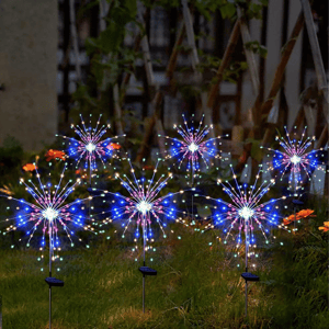 6pk Solar LED Firework Garden Lights feature multicolored LED spikes resembling fireworks, designed for outdoor garden decoration, each with a solar panel for power.