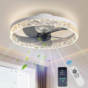 Modern ceiling fan with crystal-accented LED lights, black fan blades, and white housing, featuring remote and smartphone control.