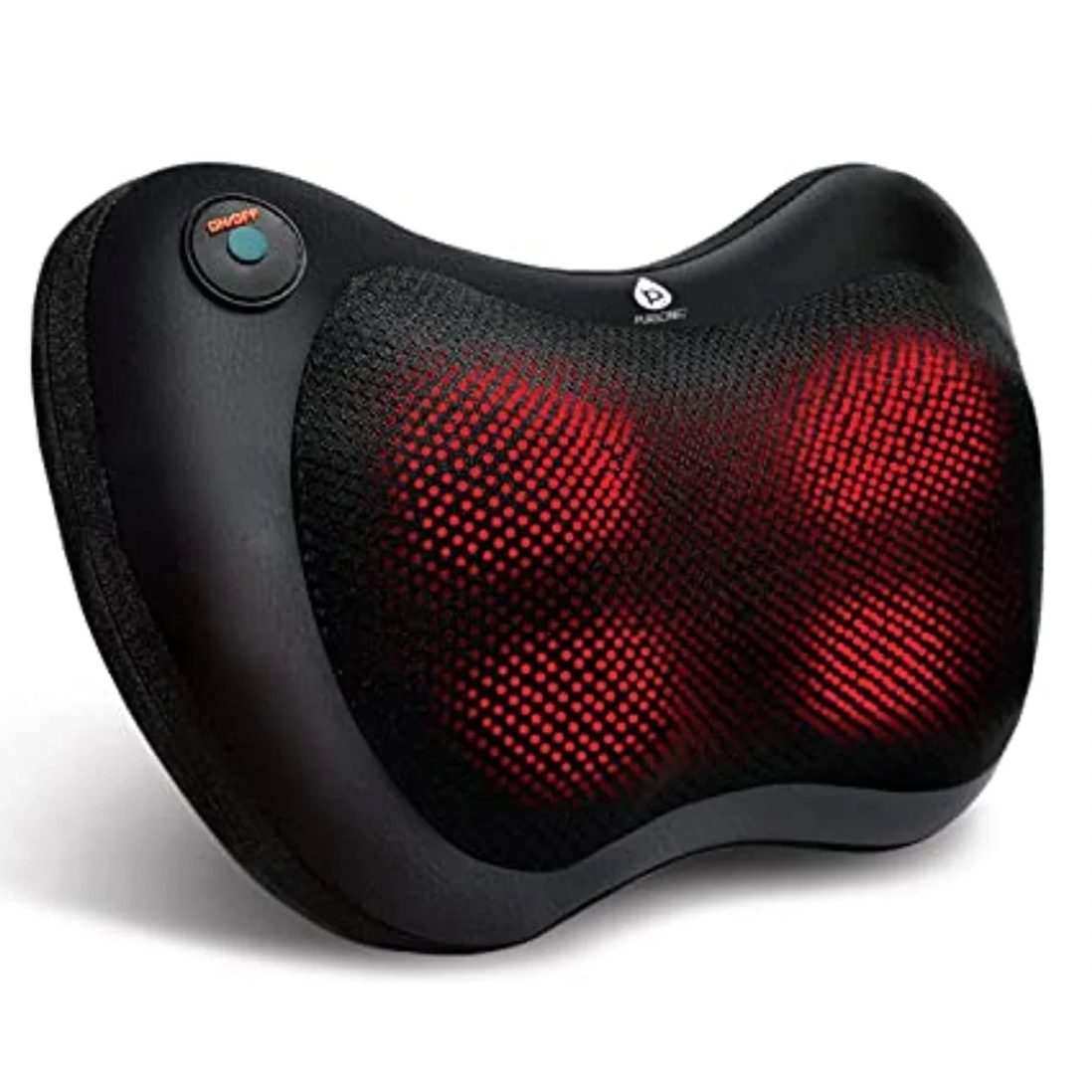 Shiatsu Heated Neck & Back Massager features a contoured design with four rotating nodes behind a mesh covering, offering massage and heat functions. It's equipped with an on/off button and designed for ergonomic support.