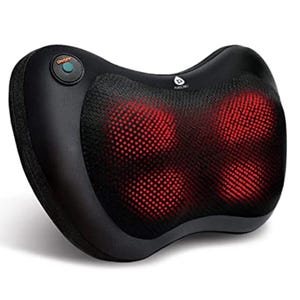 Shiatsu Heated Neck & Back Massager features a contoured design with four rotating nodes behind a mesh covering, offering massage and heat functions. It's equipped with an on/off button and designed for ergonomic support.