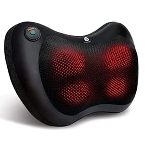 Shiatsu Heated Neck & Back Massager features a contoured design with four rotating nodes behind a mesh covering, offering massage and heat functions. It's equipped with an on/off button and designed for ergonomic support.