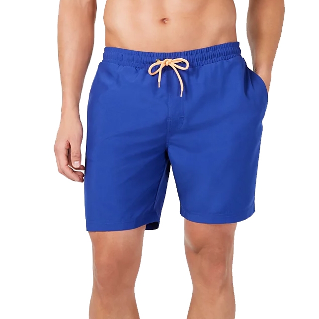 Blue men's swim trunks with an orange drawstring and pockets.