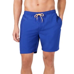 Blue men's swim trunks with an orange drawstring and pockets.