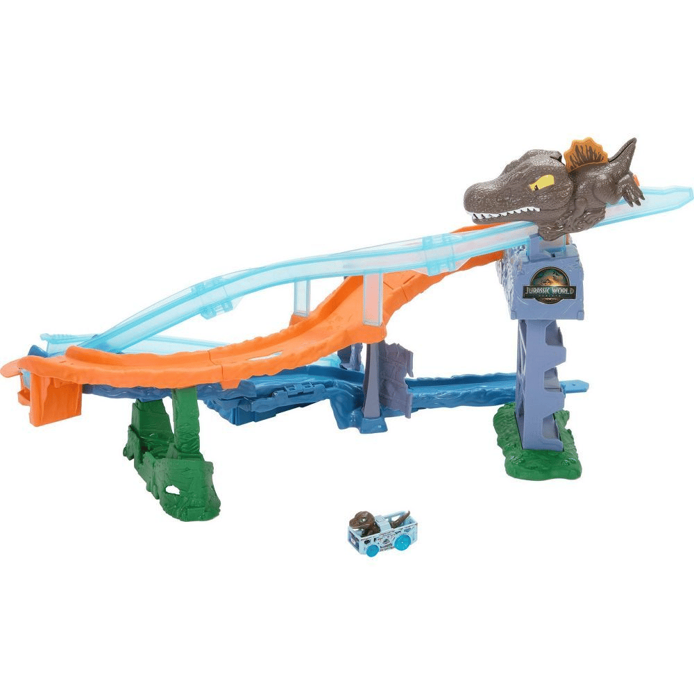 Toy car racetrack set featuring a dinosaur theme with a dino head at the top and an orange and blue winding track. Includes a small car with a dinosaur rider.