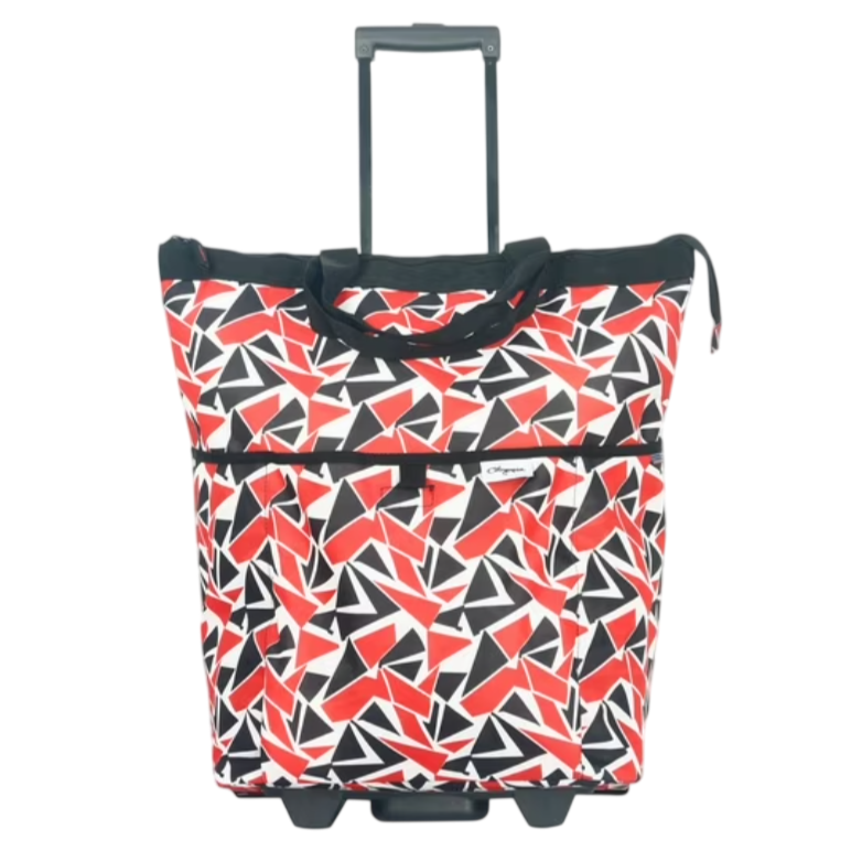 A geometric red, black, and white wheeled tote bag with a pull-out handle and front pocket.