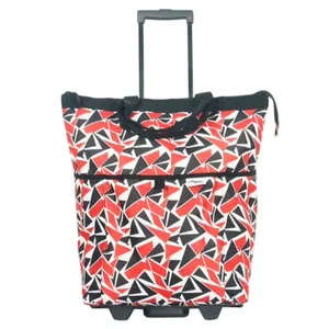 A geometric red, black, and white wheeled tote bag with a pull-out handle and front pocket.