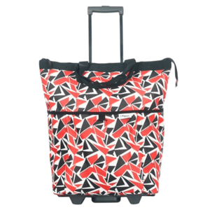 A geometric red, black, and white wheeled tote bag with a pull-out handle and front pocket.