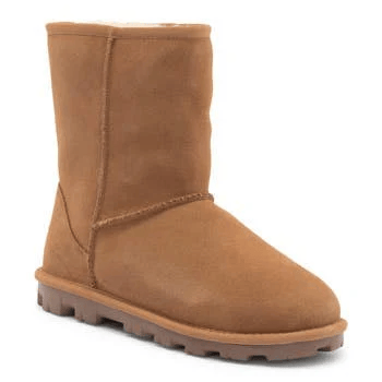 Chestnut-colored UGG short boots with a plush inner lining and durable treaded outsole for traction, featuring a classic round toe design and ankle height.