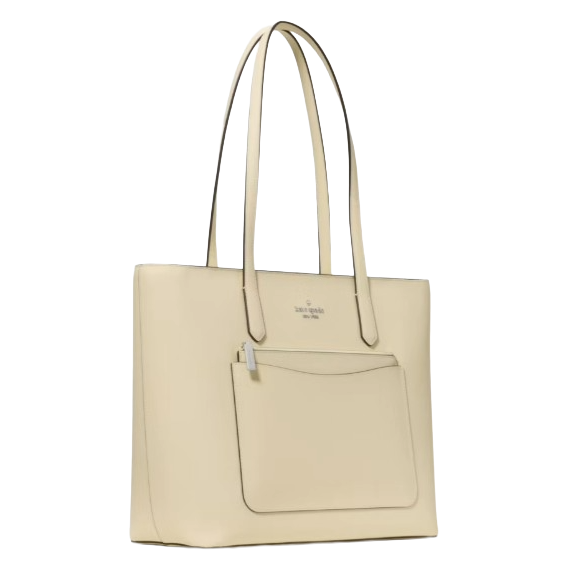 A beige tote bag with long handles, featuring an exterior pocket and a minimalist design.