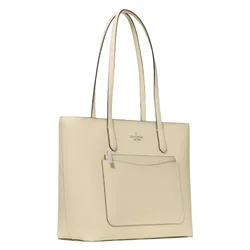 A beige tote bag with long handles, featuring an exterior pocket and a minimalist design.