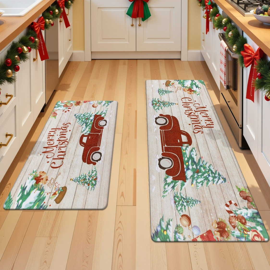 Two Christmas-themed kitchen rugs featuring a red truck and festive decorations on a wooden plank background, with \“Merry Christmas\“ written on them. The kitchen is decorated with garlands and bows.