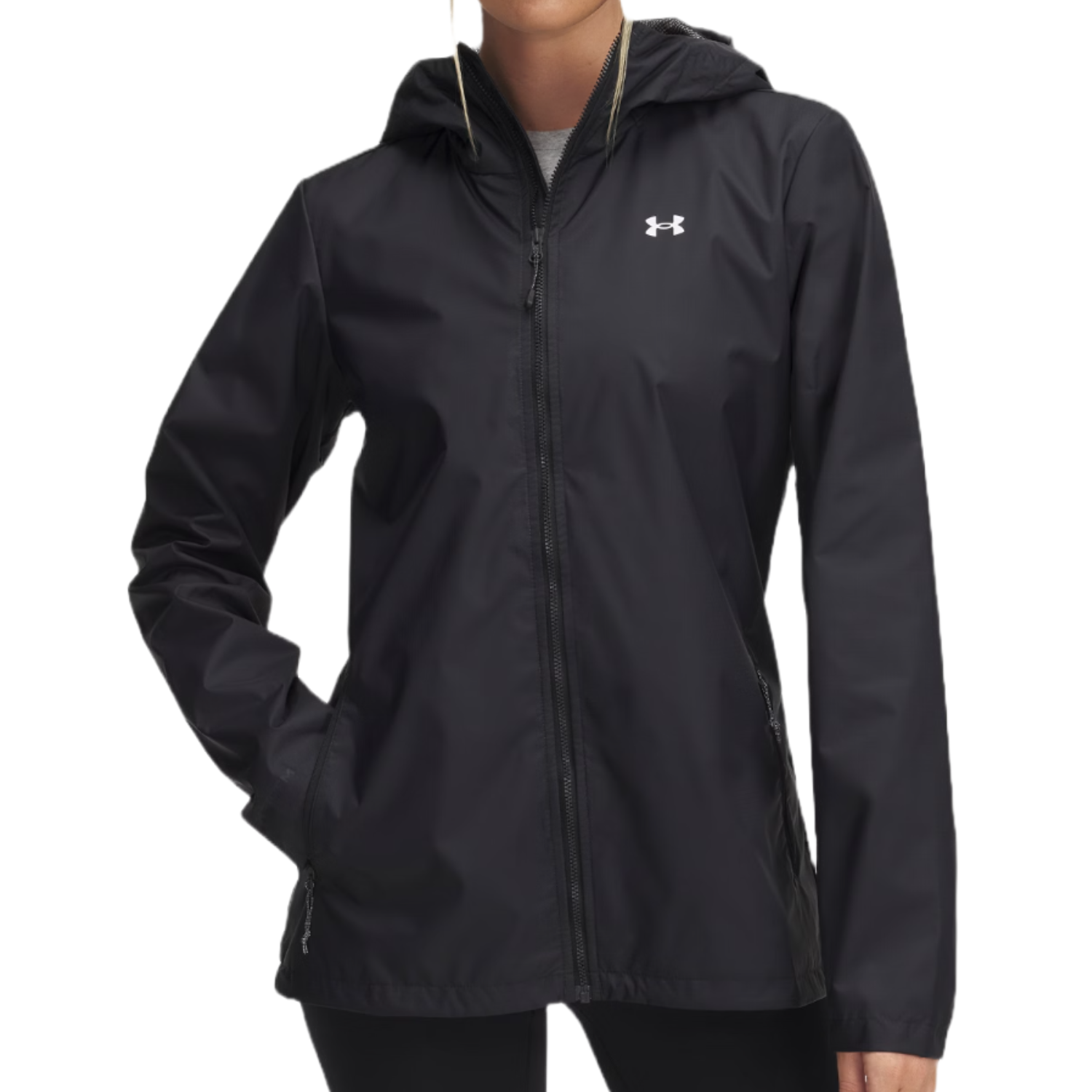 A black Under Armour hooded jacket with zip closure and side pockets, featuring the Under Armour logo on the chest.