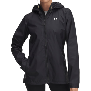 A black Under Armour hooded jacket with zip closure and side pockets, featuring the Under Armour logo on the chest.