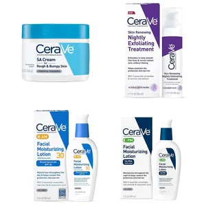 CeraVe skincare products including SA Cream for rough skin, Skin Renewing Nightly Exfoliating Treatment, AM Facial Moisturizing Lotion with SPF 30, and PM Facial Moisturizing Lotion.