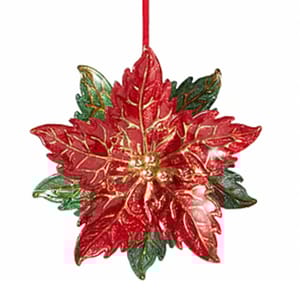 A vibrant red and green poinsettia ornament with gold accents, resembling a holiday flower decoration, suspended by a red ribbon.