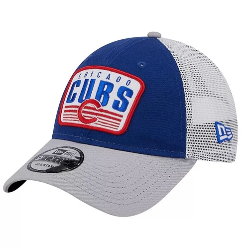 Chicago Cubs cap featuring a blue and white mesh design with a gray brim and the team logo on the front.