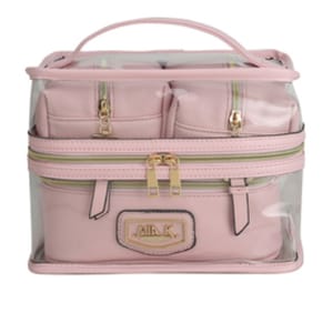 A pink cosmetic bag with transparent sides and gold zipper accents, featuring two smaller pockets inside and a carrying handle on top.