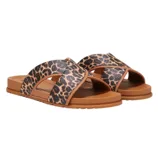 Leopard print sandals featuring brown soles and wide crisscross straps.