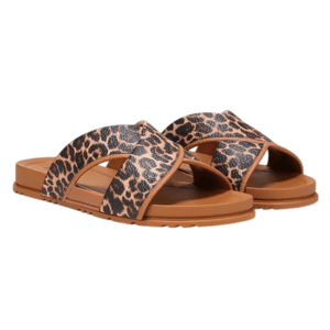Leopard print sandals featuring brown soles and wide crisscross straps.