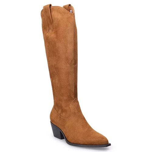 A brown suede knee-high boot with a pointed toe and a low stacked heel, featuring pull tabs on both sides.
