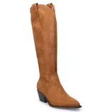 A brown suede knee-high boot with a pointed toe and a low stacked heel, featuring pull tabs on both sides.
