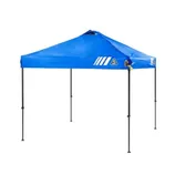 A blue pop-up canopy tent with a slanted, peaked roof supported by four black legs.