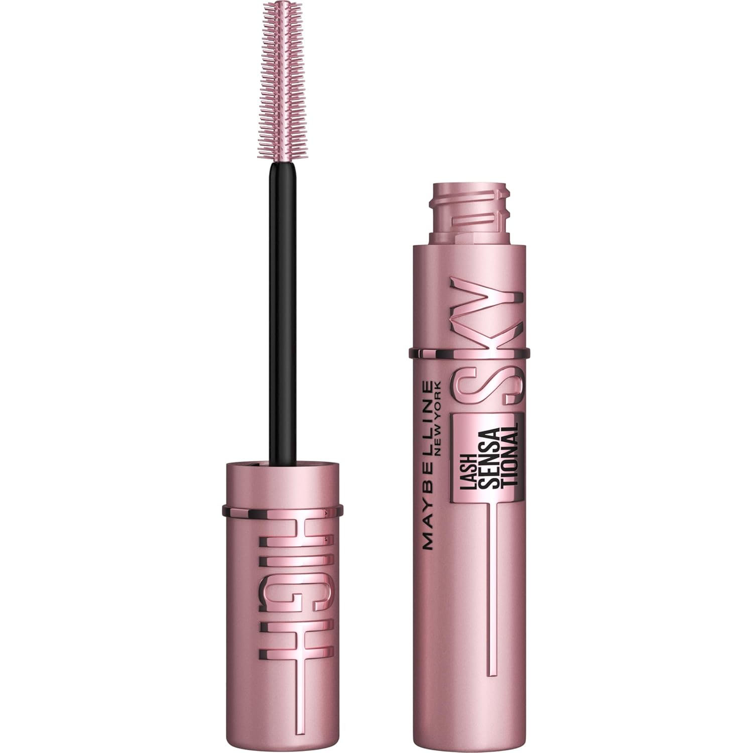 Maybelline New York Lash Sensational Sky High Mascara in a pink tube with a black brush applicator.