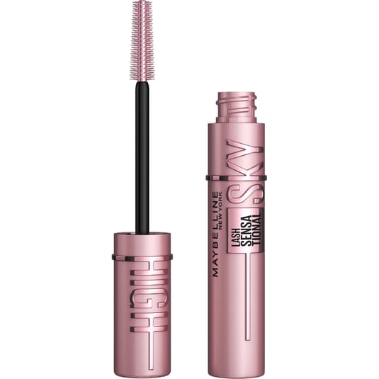 Maybelline New York Lash Sensational Sky High Mascara in a pink tube with a black brush applicator.